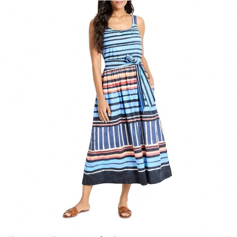 NIC+ZOE Painted Peninsula Sophie‎ Dress Blue Multi Striped Midi Smocked SMALL
